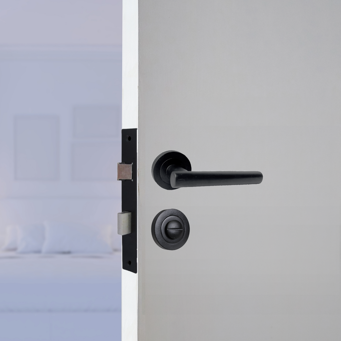 Poignées de porte à levier droit en T sur rosace, bouton tournant et verrouillable - Noir mat