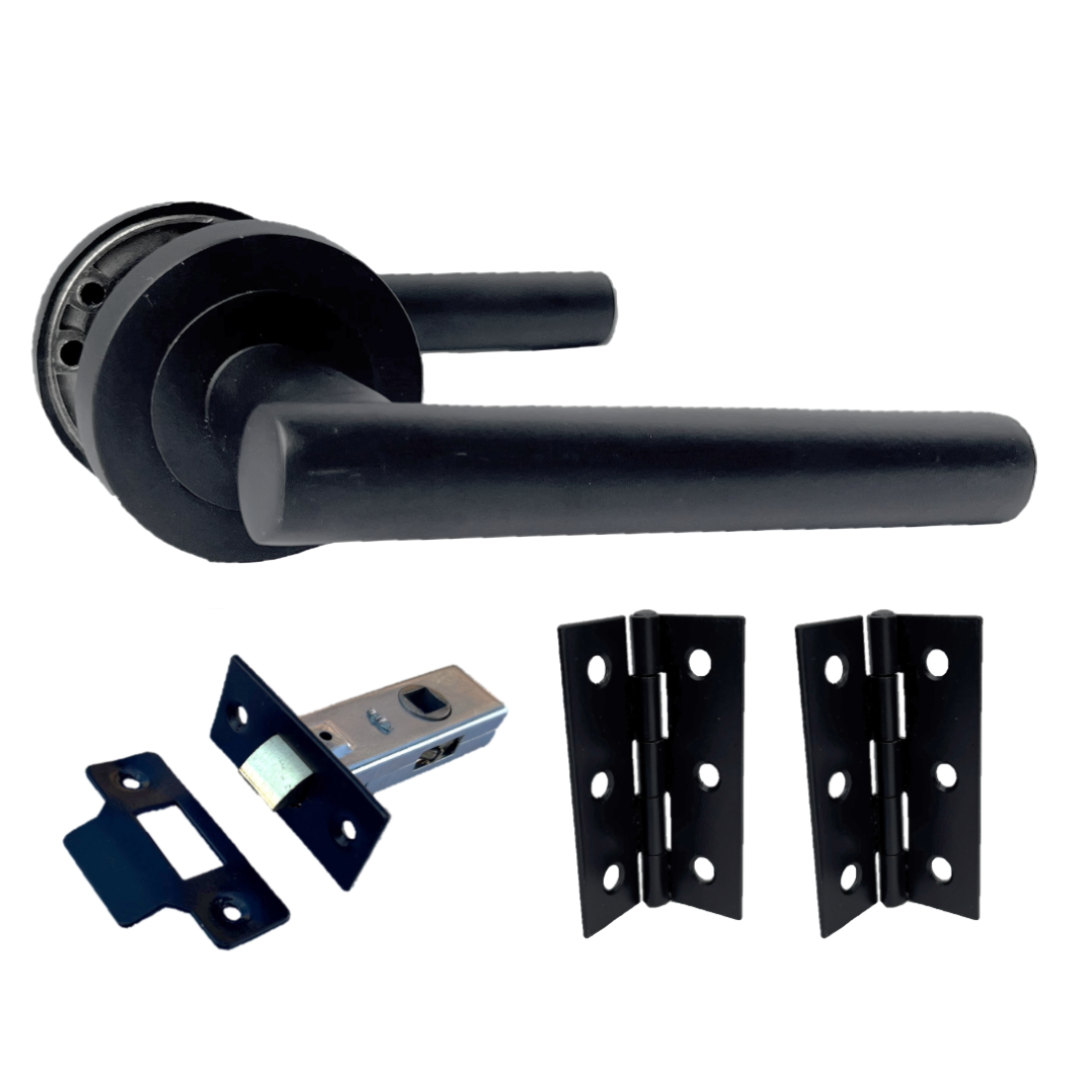 Poignées de porte noires mates à levier en T sur rosace ronde, ensemble de portes avec charnières et loquet