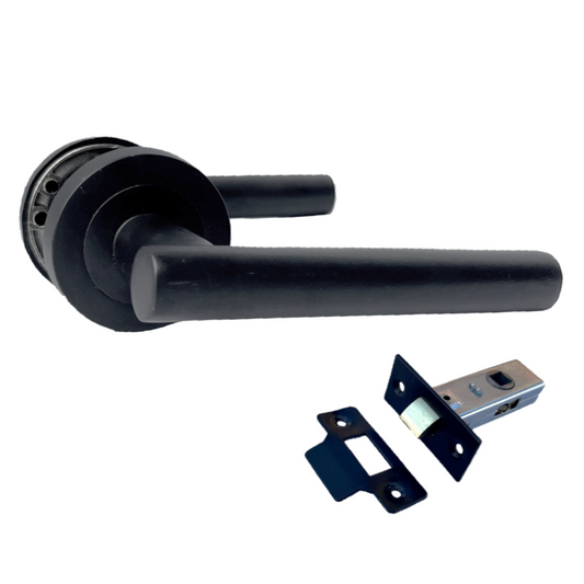Poignées de porte noires mates à levier en T sur rosace ronde moderne avec loquet tubulaire
