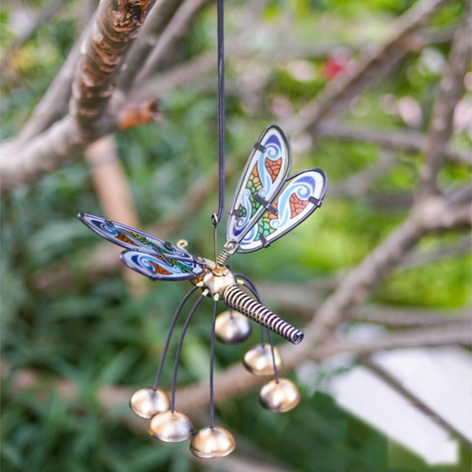 Suspension pour sapin de Noël en forme de libellule à ailes de verre et clochettes