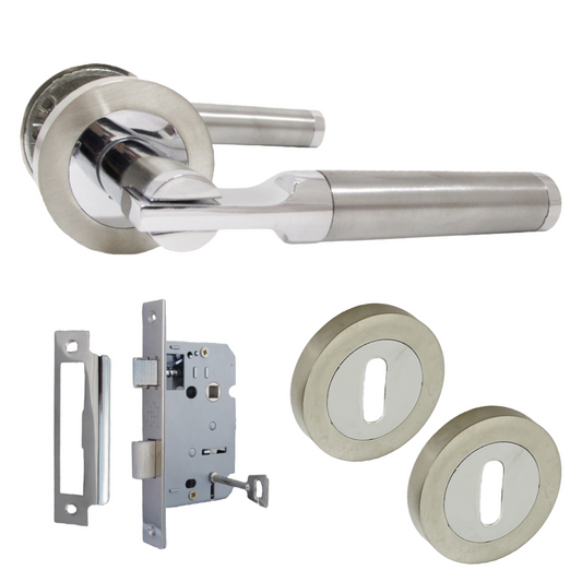 Poignées de porte Electra à levier sur rosace Duo - Pack de serrures à écusson chromé satiné 140 mm