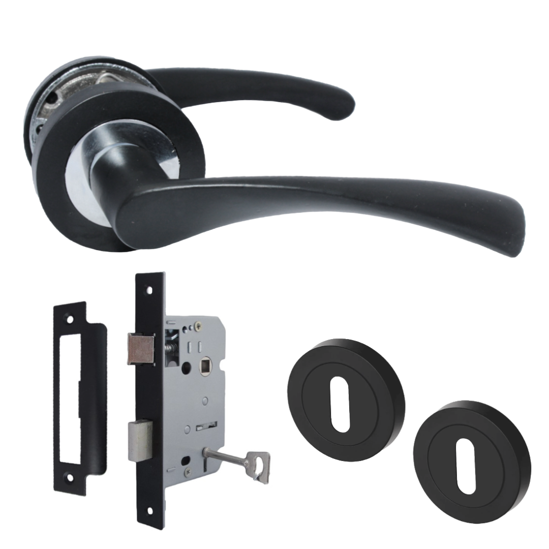 Poignées de porte Astrid à levier tournant sur rosace Duo, noir mat, chrome, écusson, serrure à clé, 120 mm