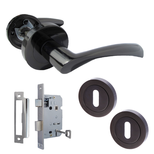 Poignées de porte Astrid à levier tournant sur rosace en nickel noir avec serrure à clé 120 mm