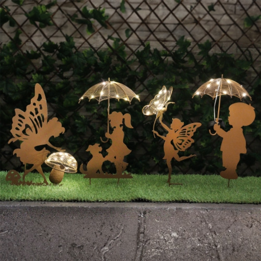 Lumière solaire sur piquet pour décoration de jardin, silhouette de fille, chien, garçon, parapluie, champignon