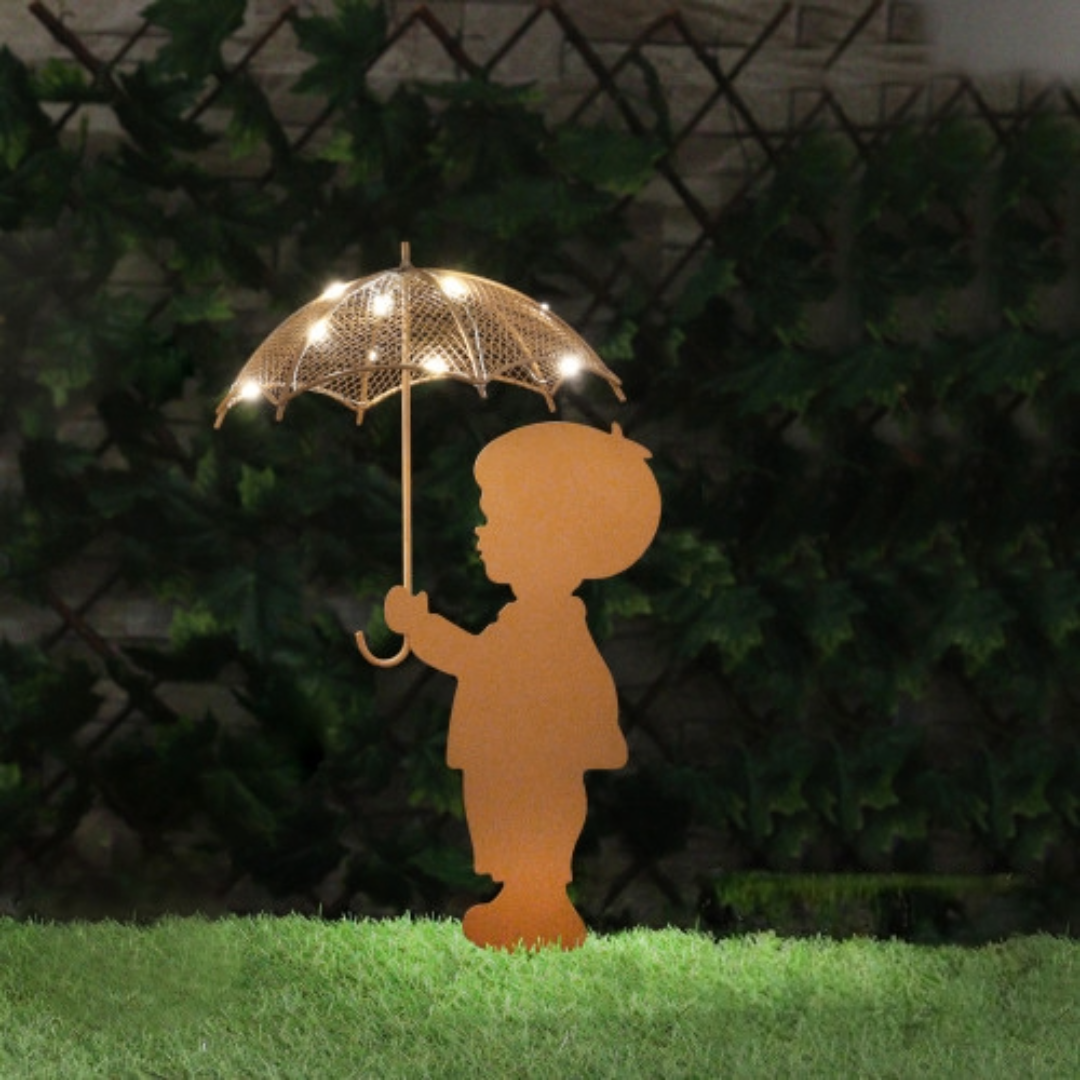 Lumière solaire sur piquet pour décoration de jardin, silhouette de fille, chien, garçon, parapluie, champignon