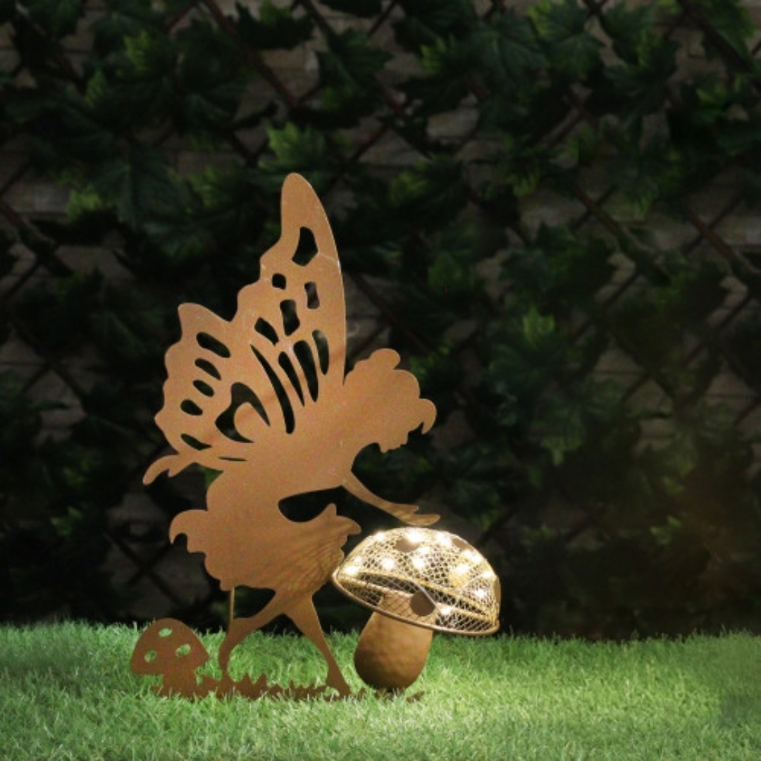 Lumière solaire sur piquet pour décoration de jardin, silhouette de fille, chien, garçon, parapluie, champignon