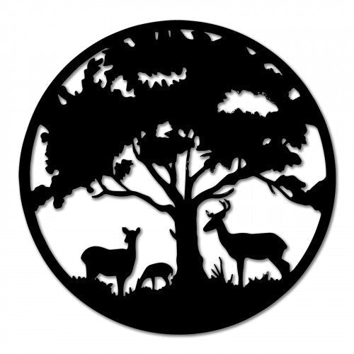 Décoration murale ronde en métal représentant une famille de cerfs – Bronze noir