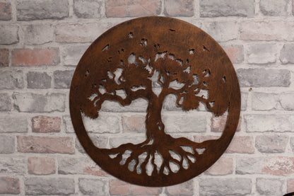 Décoration murale ronde en métal représentant l'arbre de vie (noir et bronze)