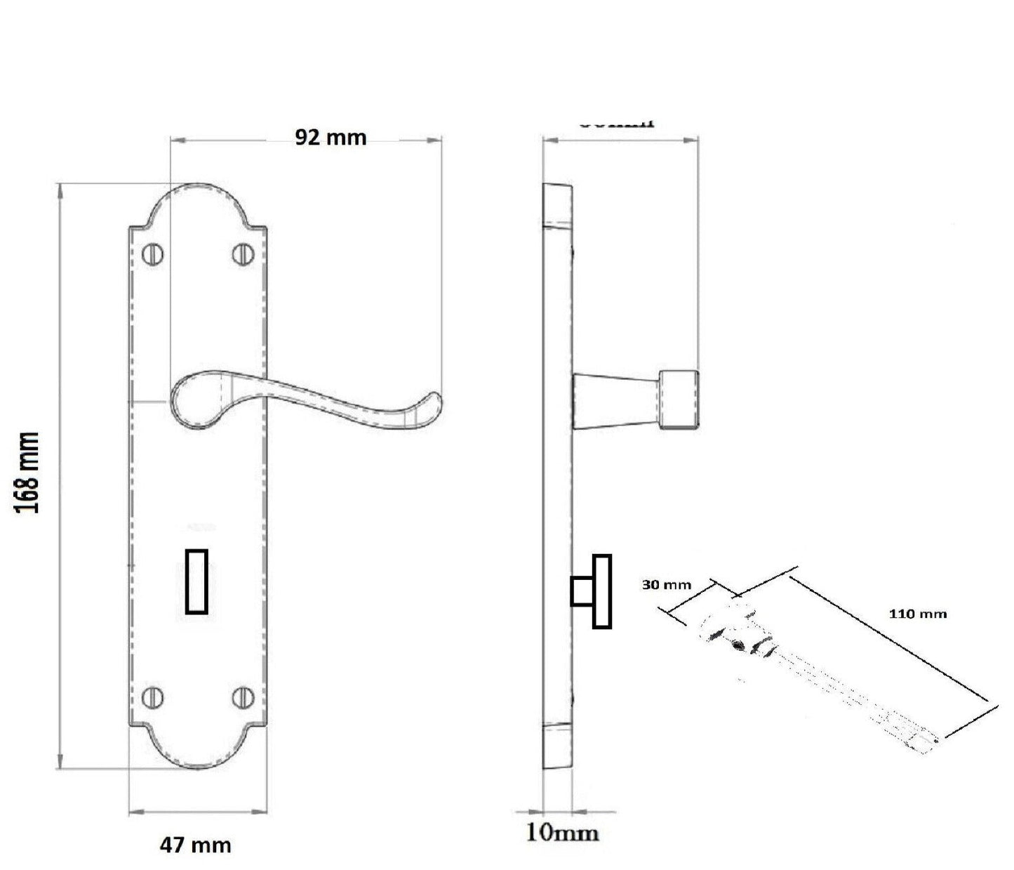 Poignée de porte Epsom pour salle de bain, serrure à levier à défilement - Charnières chromées noir mat