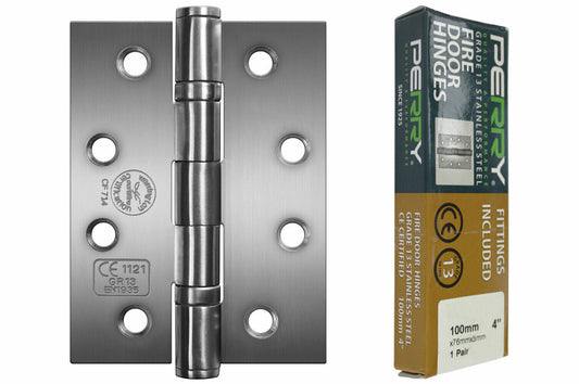 Charnières de porte coupe-feu en acier inoxydable PERRY, chrome satiné, 100 mm – Grade 11, marquage CE