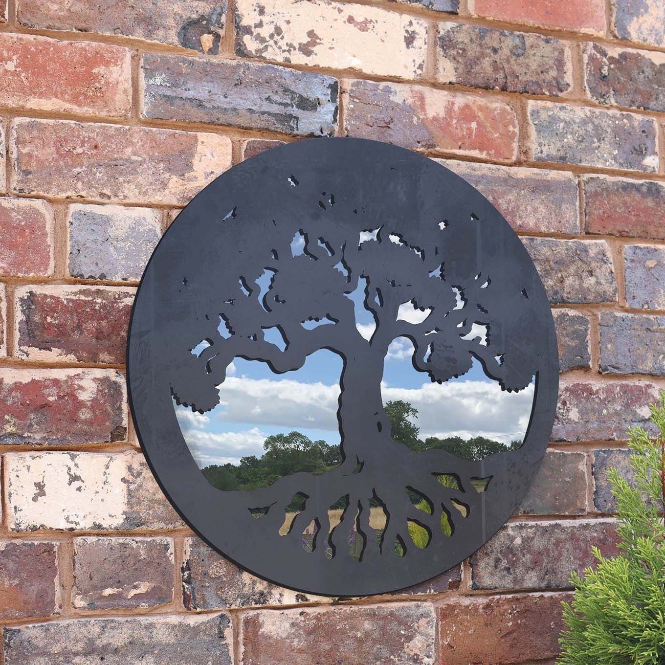 Miroir rond en métal avec silhouette d'arbre de vie - Noir ou bronze