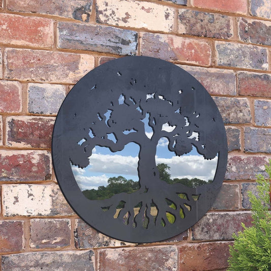 Miroir rond en métal avec silhouette d'arbre de vie - Noir ou bronze