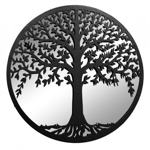 Grand miroir rond en métal noir en forme de silhouette d'arbre de vie
