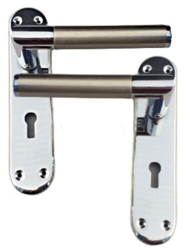 Poignées de porte à levier de verrouillage, finition duo en nickel satiné et chrome, onglet INTÉRIEUR