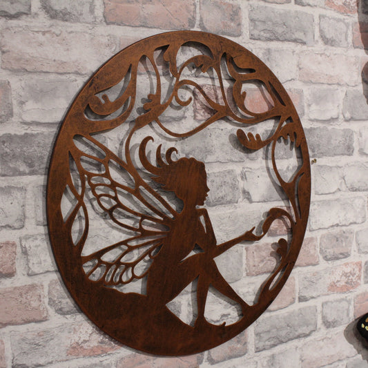 Décoration murale ronde en métal, silhouette de fée, bronze noir