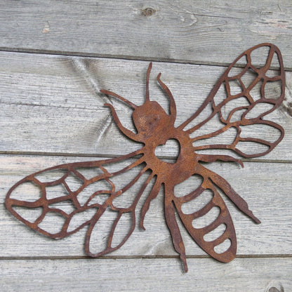 Grande décoration murale en métal rouillé représentant une silhouette d'abeille - Décoration murale pour le jardin
