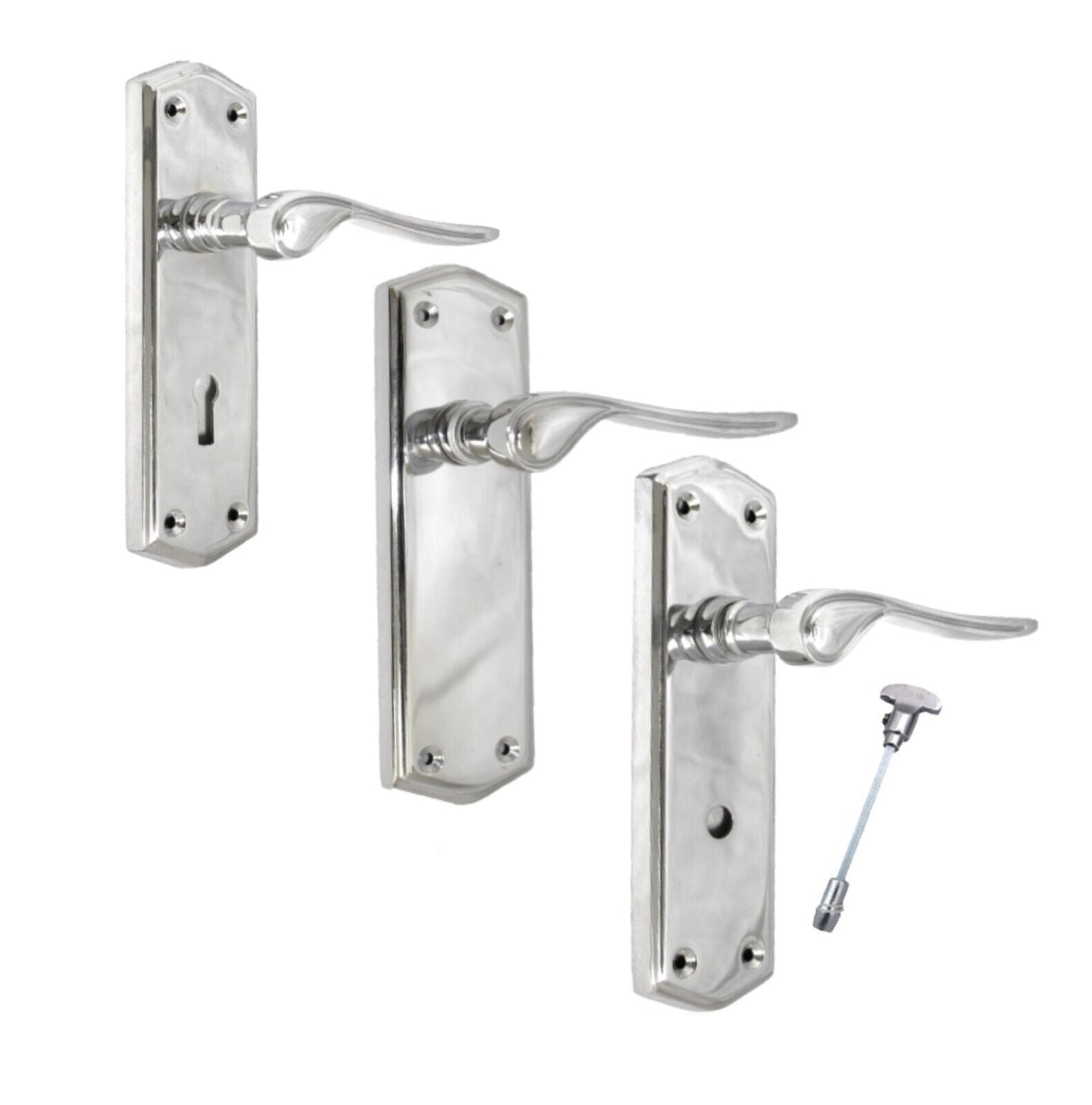 Poignées de porte stellaires en chrome poli sur plaque arrière, serrure à loquet, poignées de salle de bain
