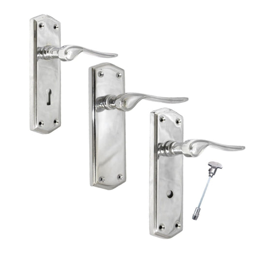 Poignées de porte stellaires en chrome poli sur plaque arrière, serrure à loquet, poignées de salle de bain