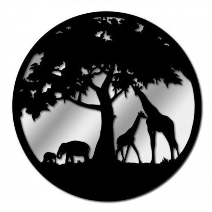 Miroir rond en métal représentant une silhouette de la faune africaine