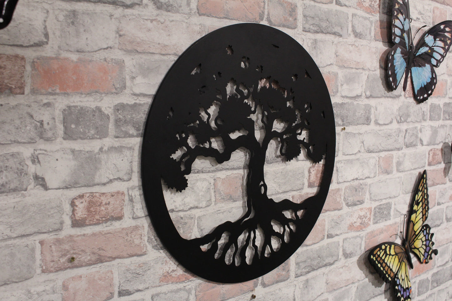 Décoration murale ronde en métal représentant l'arbre de vie (noir et bronze)