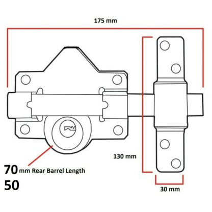Serrure de portail à pêne longue course 50/70 mm pour garage, hangar, 5 clés et poignée