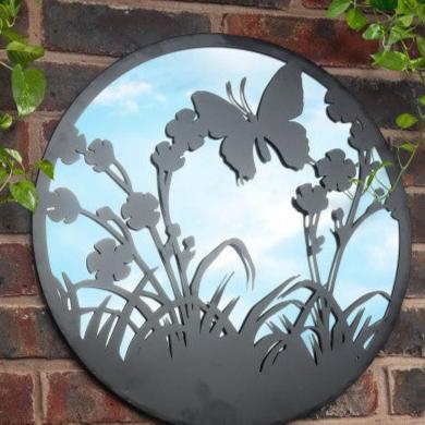 Miroir rond en métal avec silhouette de papillon volant - Bronze noir