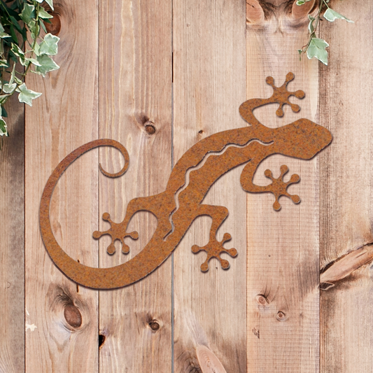 Grande silhouette de gecko en métal rouillé - Décoration murale rustique pour l'intérieur et l'extérieur