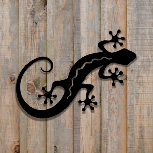 Grande silhouette de gecko en métal noir - Décoration murale rustique pour l'intérieur et l'extérieur