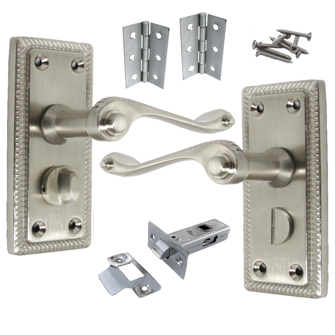 Poignées de porte géorgiennes pour WC et salle de bain, satinées, 108 mm x 48 mm, levier à défilement