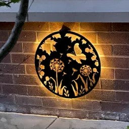 Décoration murale en métal avec silhouette de pissenlit et papillon rétroéclairé à l'énergie solaire – Décoration de jardin extérieur