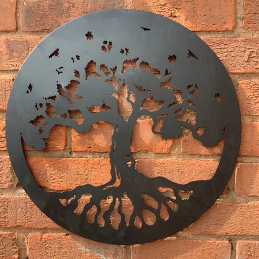 Décoration murale ronde en métal représentant l'arbre de vie (noir et bronze)