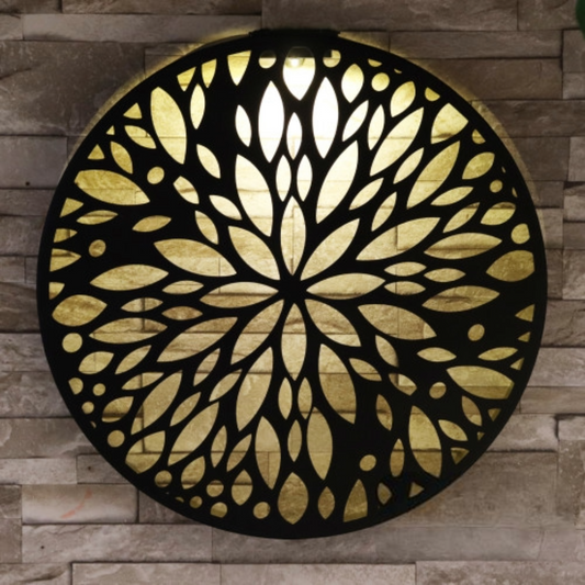 Panneau mural solaire rond abstrait en métal à LED pour décoration de jardin