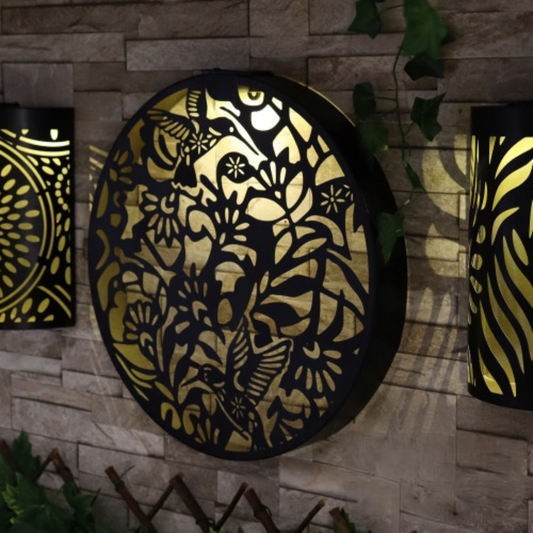 Panneau solaire mural rond en métal à LED, motif colibri, décoration de jardin