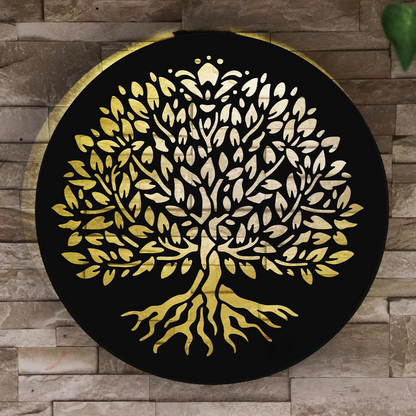 Panneau solaire mural rond en métal à LED, motif arbre de vie, décoration de jardin
