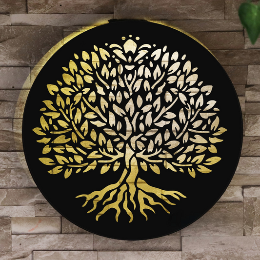 Panneau solaire mural rond en métal à LED, motif arbre de vie, décoration de jardin