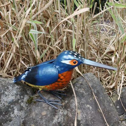 Sculpture d'oiseau martin-pêcheur en métal – Décoration de jardin peint à la main