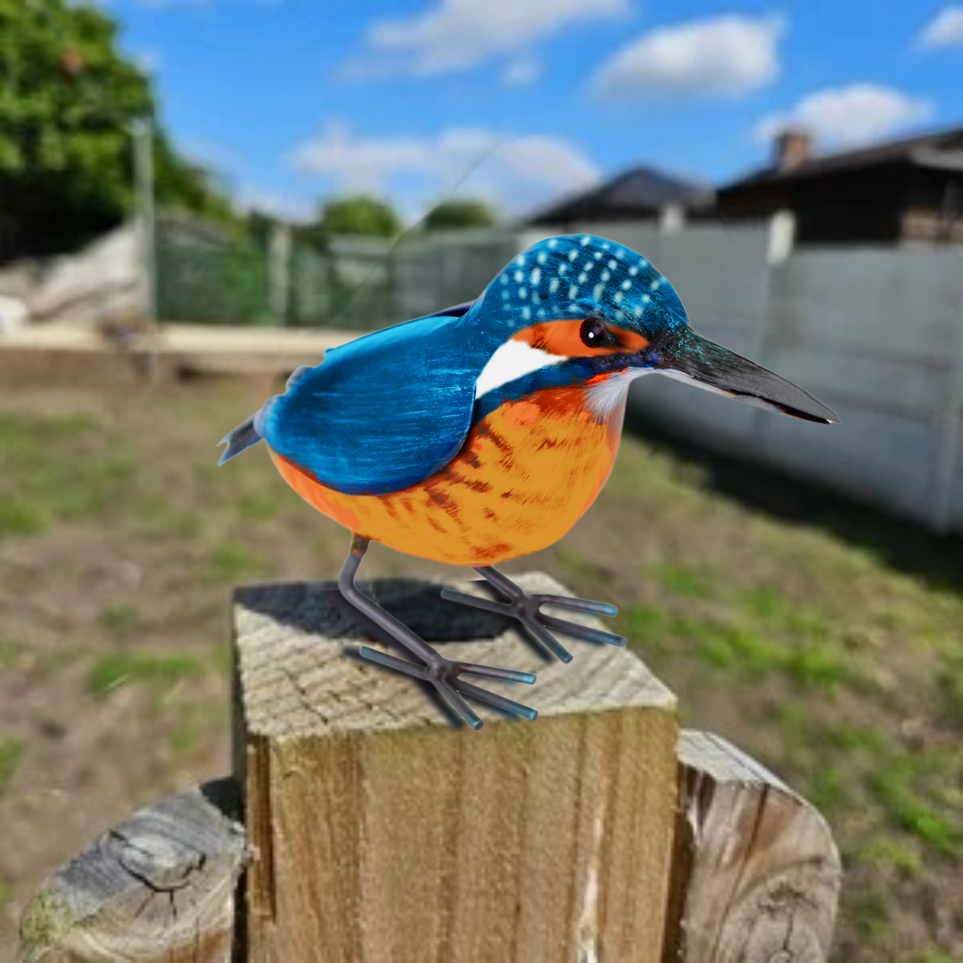 Sculpture d'oiseau martin-pêcheur en métal – Décoration de jardin peint à la main