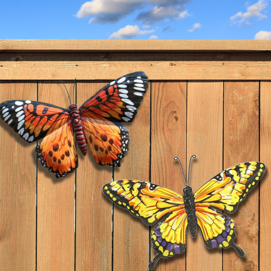 Grand papillon mural jaune orange - Décoration de clôture de jardin en métal 32 x 49 cm