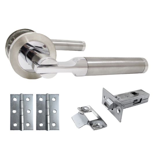 Poignées de porte Electra à levier sur rosace Duo - Pack de loquets chromés satinés avec charnières 140 mm