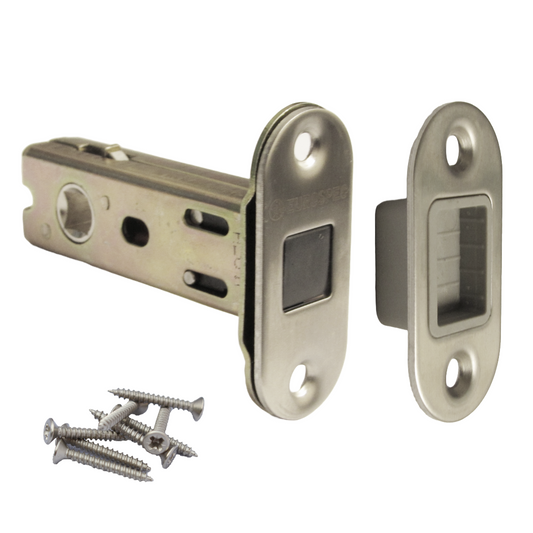 Loquet tubulaire magnétique à mortaise, axe de 57 mm, Eurospec, rond, en acier inoxydable satiné, 7,6 cm, pour portes