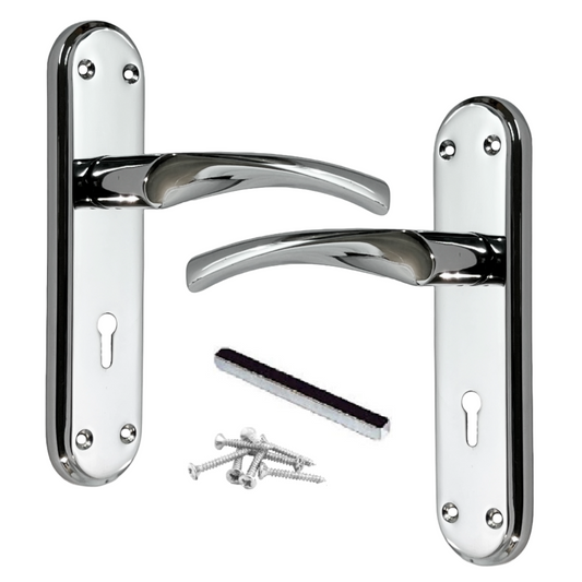 Poignées de porte Genova en chrome poli avec serrure à levier tournant sur plaque arrière Marina moderne
