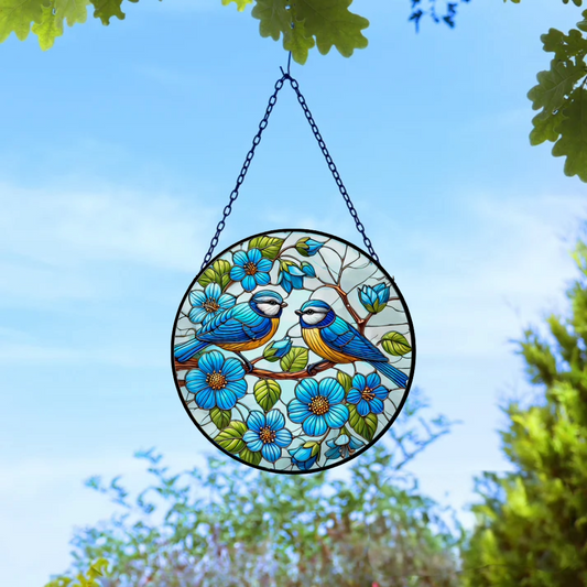 Attrape-soleil en vitrail Mésange bleue à suspendre, décoration de jardin ronde en orbite