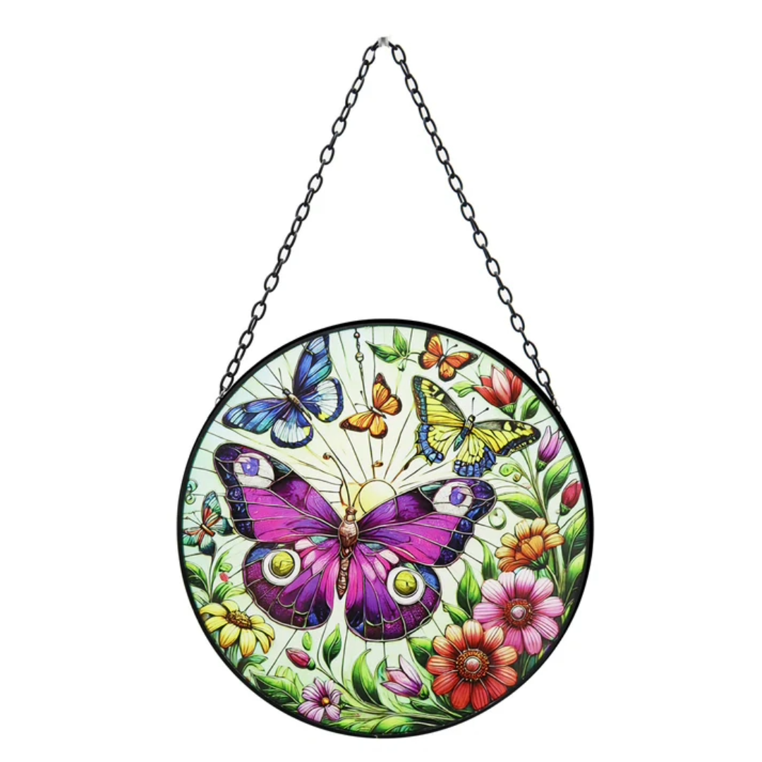 Attrape-soleil en vitrail en forme de papillon suspendu, décoration de jardin ronde en orbite