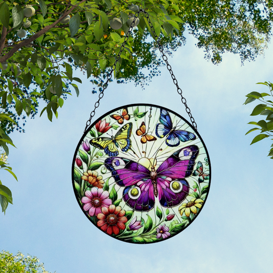 Attrape-soleil en vitrail en forme de papillon suspendu, décoration de jardin ronde en orbite
