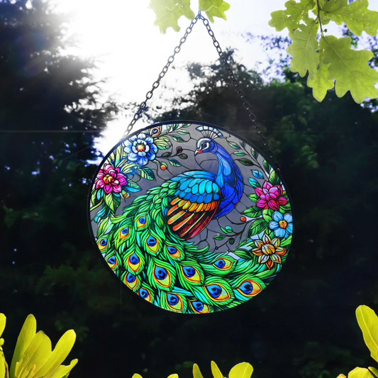 Attrape-soleil en vitrail en forme de paon, décoration de jardin ronde suspendue en orbite