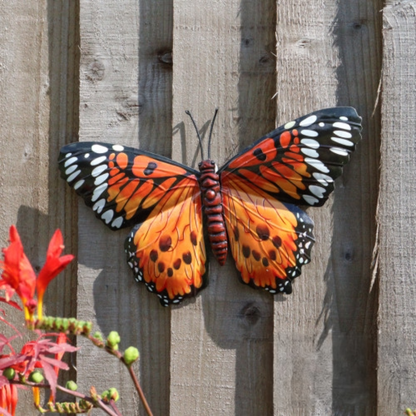 Grand papillon mural jaune orange - Décoration de clôture de jardin en métal 32 x 49 cm