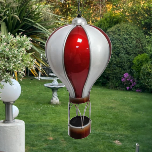 Montgolfière solaire rouge et blanche – Lampe LED suspendue d'extérieur pour décoration de jardin, terrasse et porche