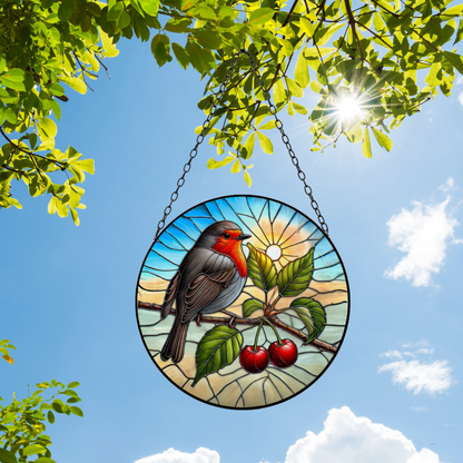 Attrape-soleil en vitrail en forme de rouge-gorge, décoration de jardin suspendu en orbite ronde