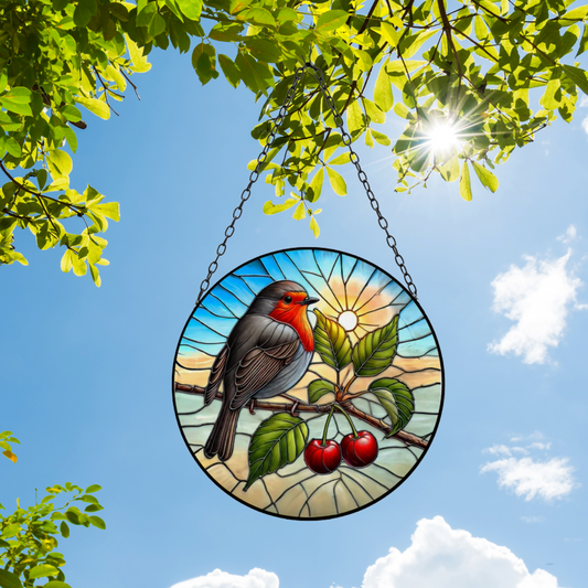 Attrape-soleil en vitrail en forme de rouge-gorge, décoration de jardin suspendu en orbite ronde