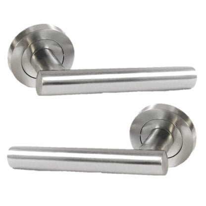 Poignées de porte à levier droit en T sur rosace, bouton tournant, serrure et charnières - Satin